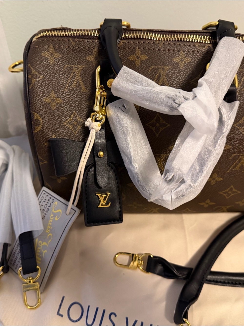 Louis Vuitton Brown Monogram Canvas Satchel with Black Trim & Gold Hardware